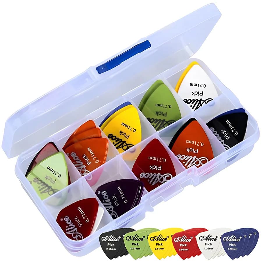 Plettri in ABS in scatola da 30 pezzi 0,58 mm-1,5 mm Plettri per chitarra multi spessore adatti per chitarra Ukulele Basso Accessori per strumenti a corda