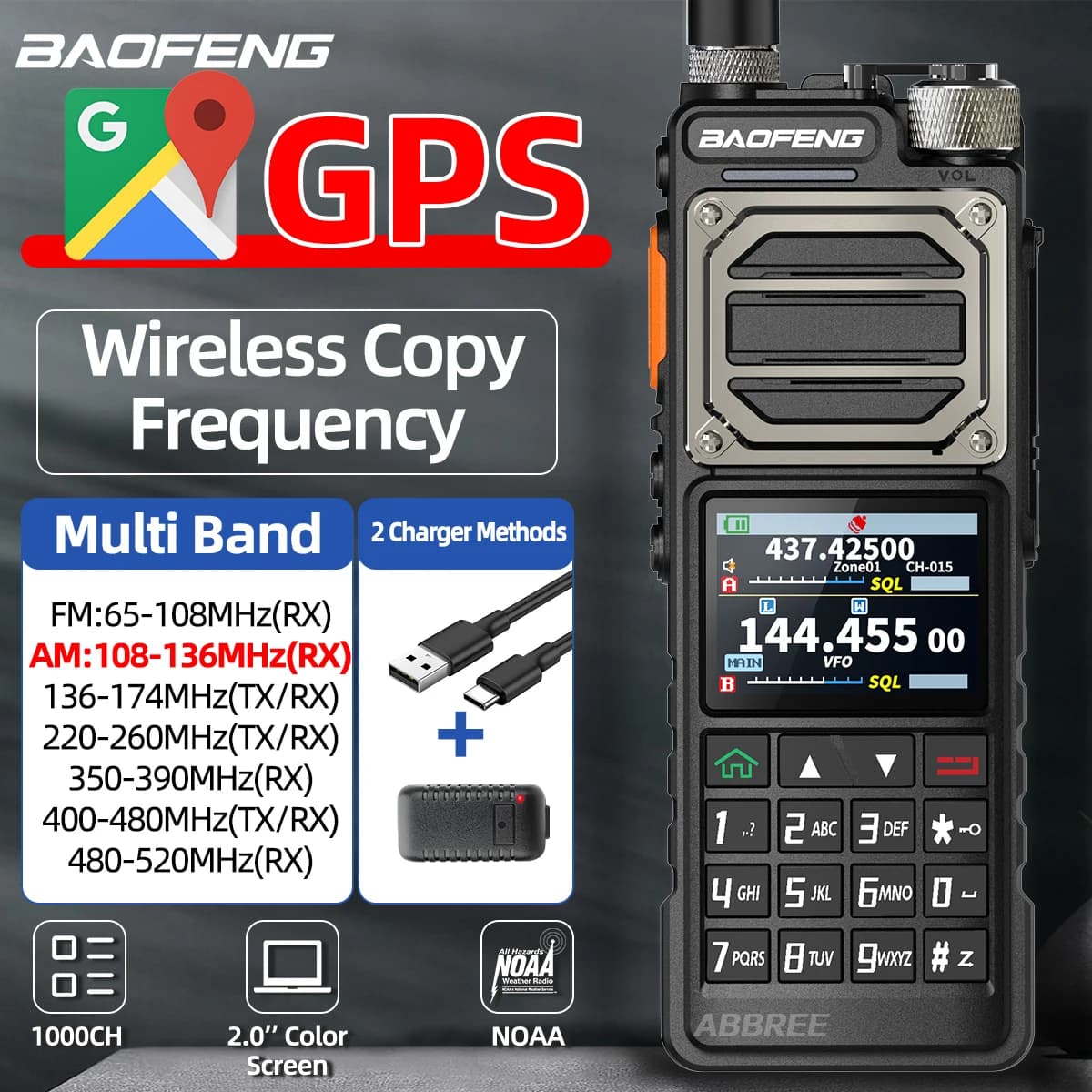 BAOFENG UV-25 PRO GPS Multi Band Walkie Talkie 1000CH AM Tipo-C Caricatore 5200mAh A Lungo Raggio per UV-5R Amateur Bidirezionale Ham Radio