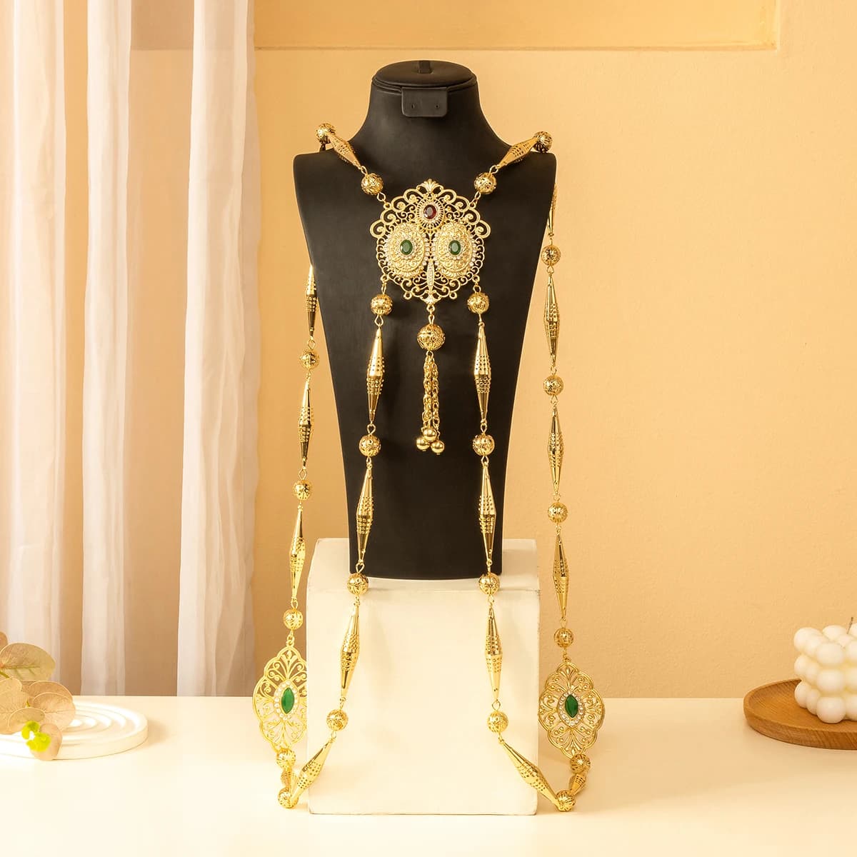 Shimmering Ethnic Style Chic Bride Body Jewelry Long Necklace with Crystal Shoulder Chain for Wedding Kaftan Back Accessory