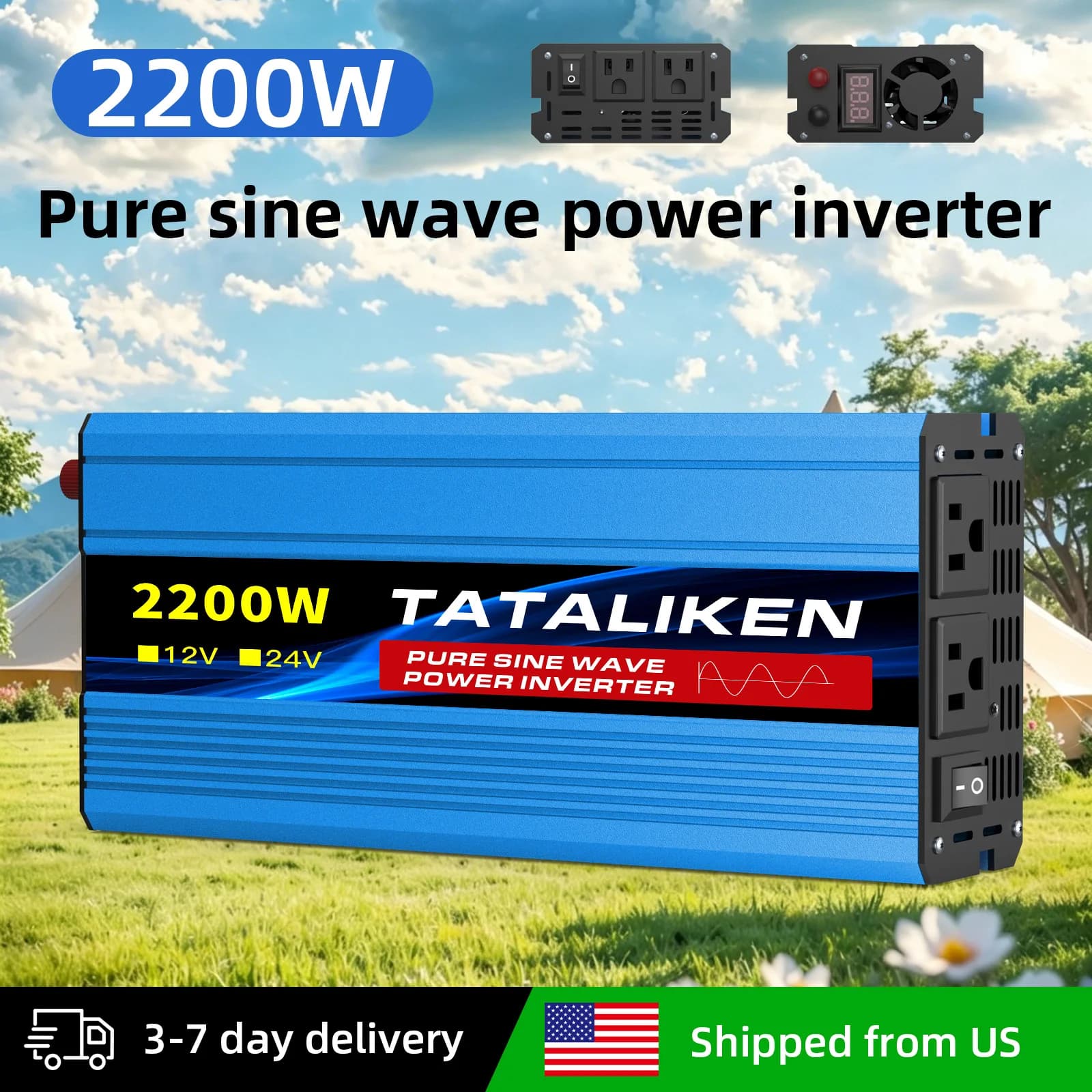 4500W 5000W Power Inverter 12V to 110V 60Hz, USA Socket with Monitor Screen & Variable Speed Fan, RV Power Hub for Blender Toaster Laptop Cooler