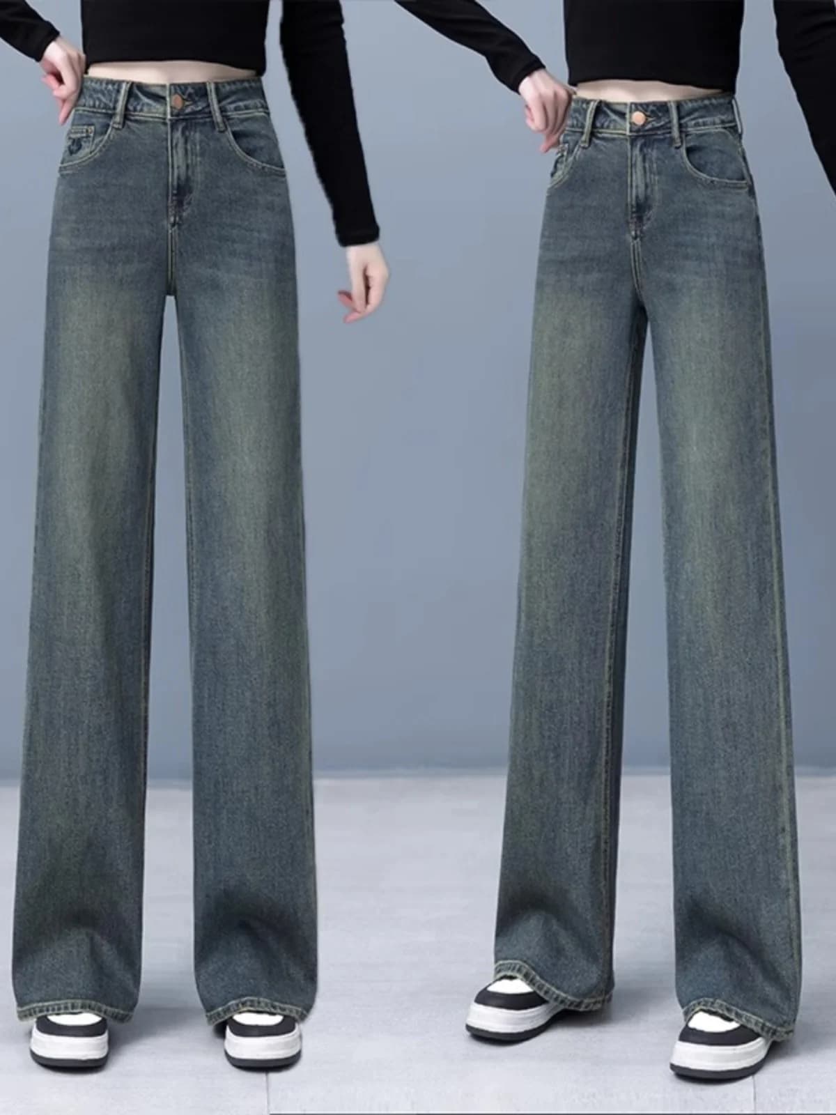High Waist Straight Leg Cement Grey Jeans Women's Slim Fit Casual Narrow Version Wide Leg Pants Trendy Autumn Cotton Stretch ...