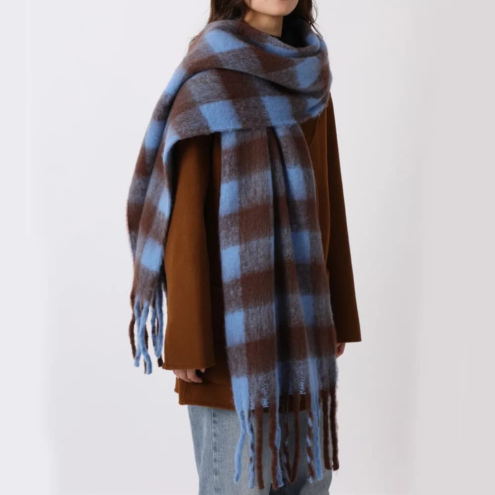 Retro Mohair Plaid Wool Scarf Tassel Thicken Winter Cashmere Scarves Solid Color Plush Long Shawl Student