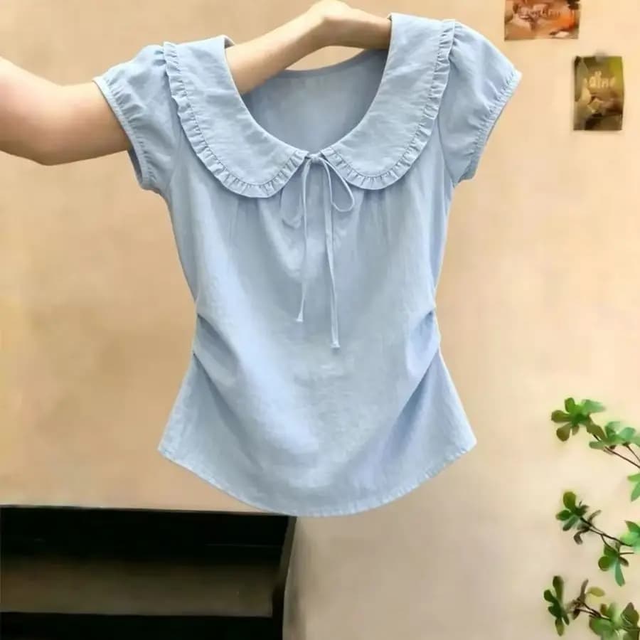 Sweet Summer Short Sleeve T-Shirt Women's Style Bow Tie Doll Collar Slimming Fit Polyester Fabric College Style Top