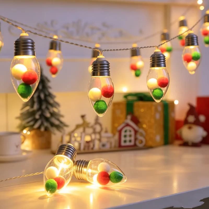 LED Christmas String Lights, Clear Bulb with Red Green White Pom Balls,Warm White Fairy Lights for Christmas Home Indoor Holiday
