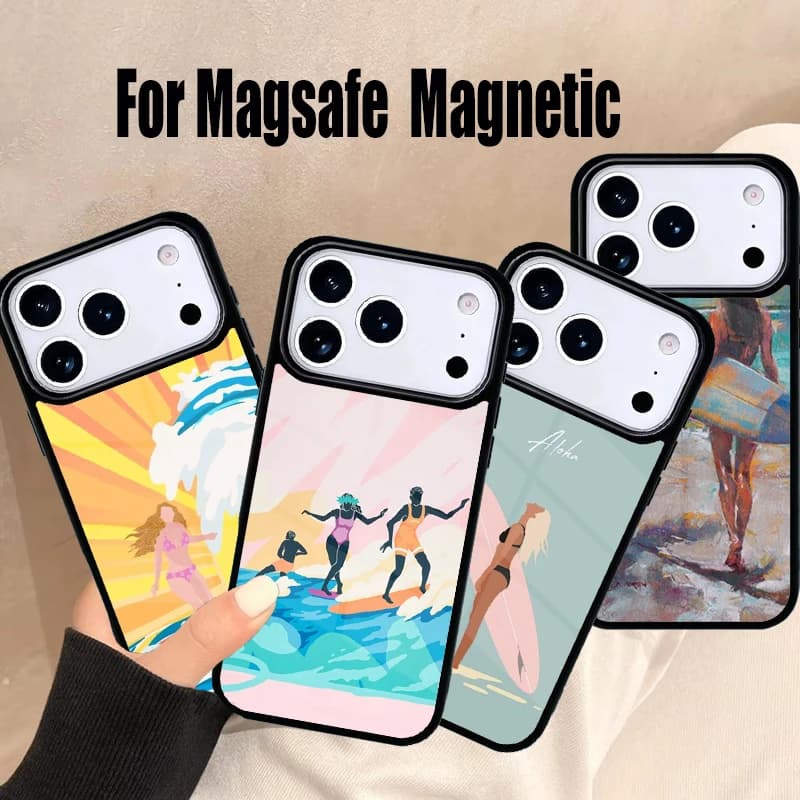 Cover per iPhone con design Surfing Art Surf Girl, compatibile con MagSafe Wireless Magnetic per iPhone 17 Air 16e 15 14 13 12 11 Pro Max Plus