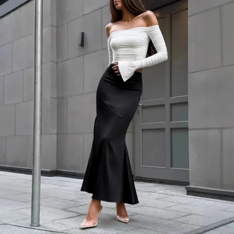Gonna lunga nera autunno inverno con design a vita alta Silhouette a sirena alla moda Office Lady Bodycon Slim Elegante abito quotidiano