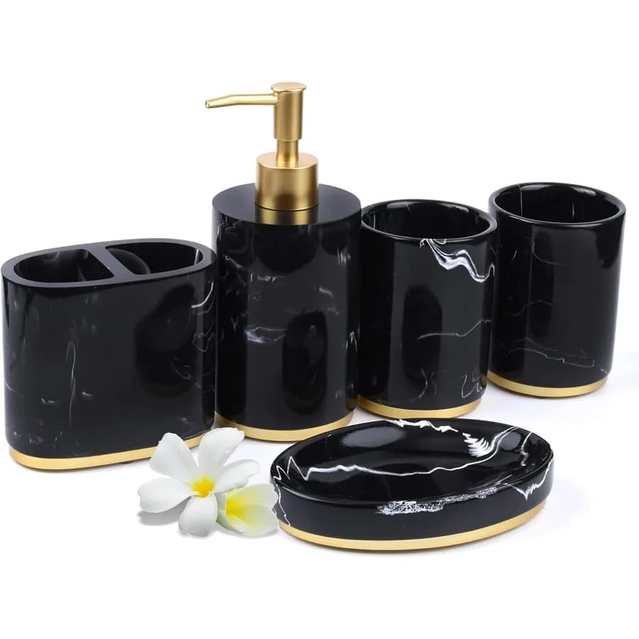 Set di 5 Accessori per il Bagno da Appoggio - Dispenser per Sapone Liquido o Lozione, Portaspazzolino e 2 Bicchieri