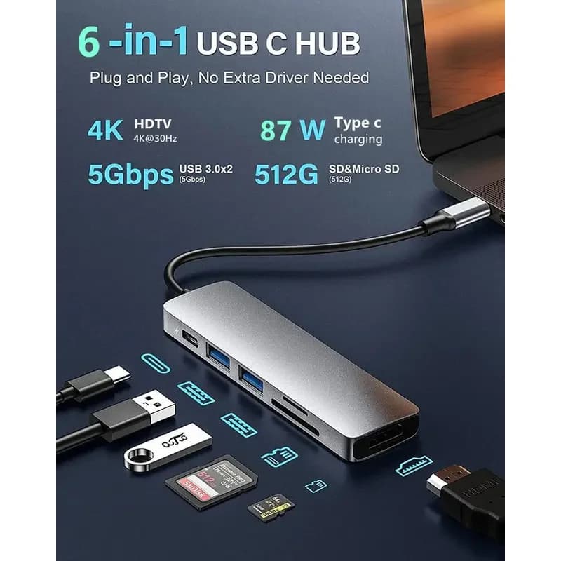 Hub USB C da 6/5/4/3 porte a 4K compatibile con HDMI PD ricarica rapida USB 3.0 2.0 HUB 4K 30Hz Docking di ricarica per MacBook iPad Samsung