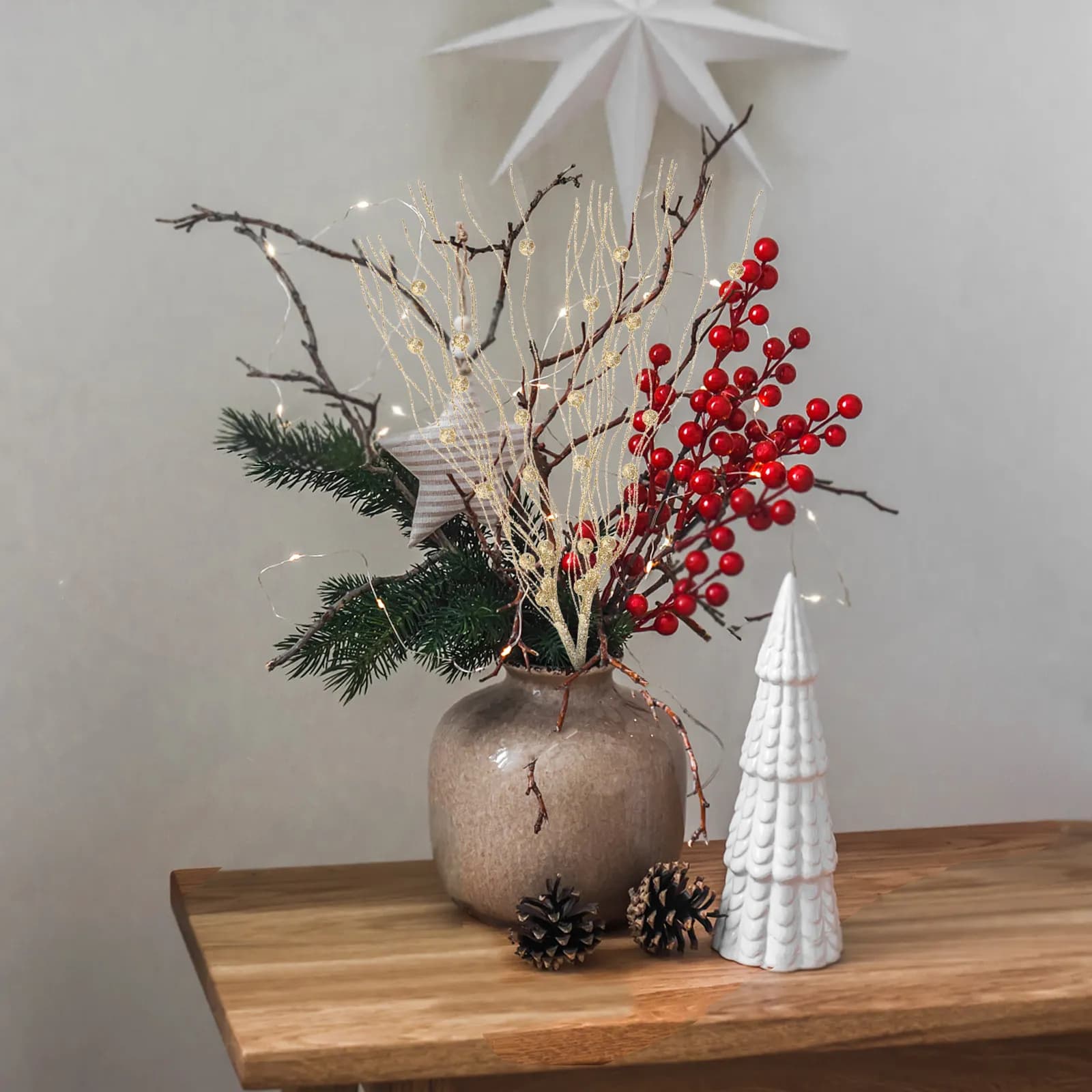 5Pcs Artificial Branch Fake Plant Stems for Vase Filler Home Decor Christmas Tree Decoration Holiday Party Office Living Room