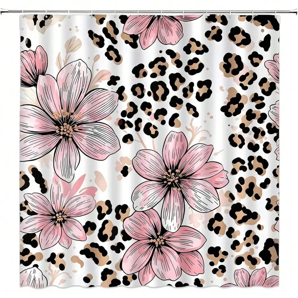 Leopard Shower Curtain,Floral Sketch and Cheetah Print Vintage Pink Brown 70x84 Inch,for Bathroom