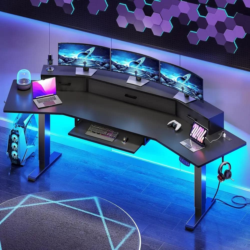 Scrivania da Gaming Elettrica Regolabile in Altezza da 79'' con Cassetti, Luci LED, Presa di Corrente, Nera