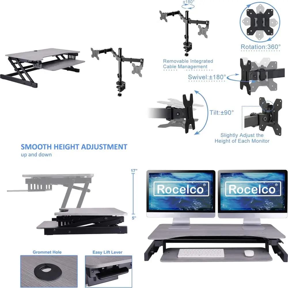 Convertitore da scrivania regolabile in altezza con doppio supporto per monitor e vassoio per tastiera retrattile per l'ergonomia e il comfort ottimale