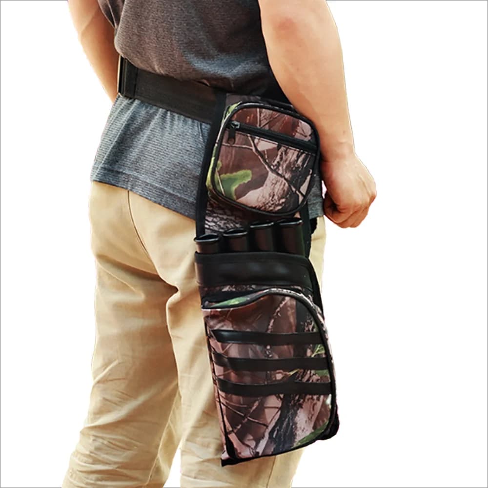 Archery 4 Arrow Tube Reverse Arrow Quiver Hip Storage Bag Arrows Holder Rack with Pocket Pouch for Hunting Target Practicing