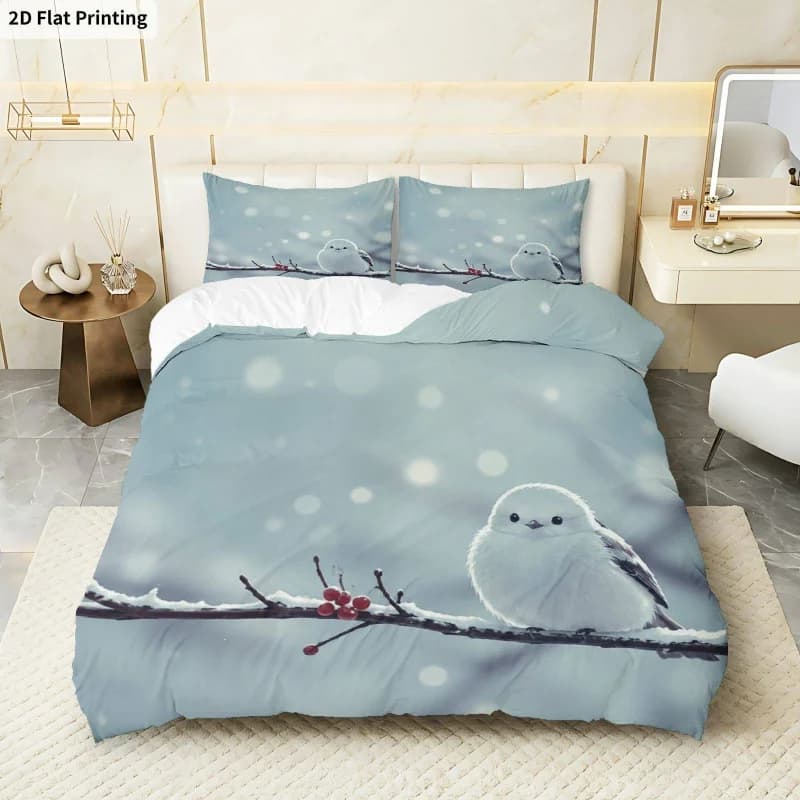 3PCS Duvet Cover, 1 Duvet Cover + 2 Pillowcases (Without Filler) Winter Snowy Bird