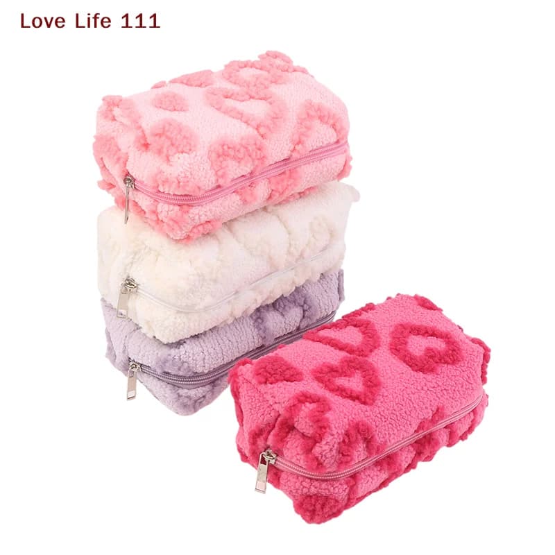 Nuove Borse per il Trucco in Peluche, Morbide Borse da Viaggio per Cosmetici, Organizer Portatile con Stampa Love, Astuccio per Matite, Graziosa Pochette