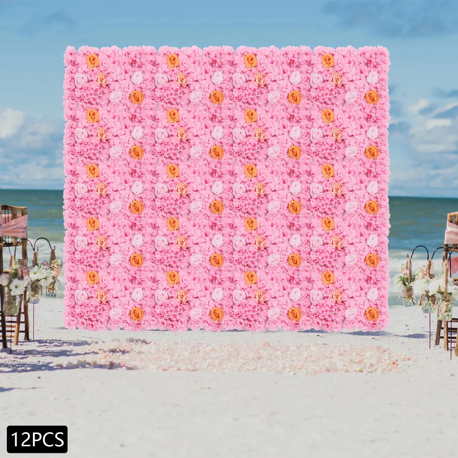 Set of 12 Artificial Flowers 3D Pink Medium and Pink Champagne, Floral Panel, Faux Flower Walls for Wedding Decorations and Home