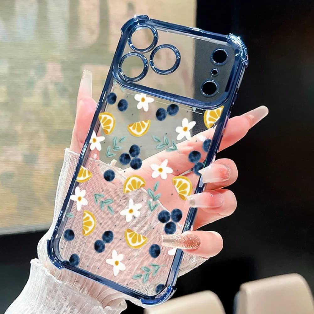 Blueberry Pattern Electroplated Transparent Four-Corner Air Cushion Case For IPhone 17 Air/16/15/14/13/12 Pro Max/17 16 15 Plus
