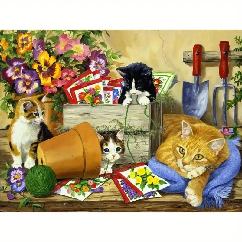 DIY Garden Kittens Gardening Jigsaw Puzzle, Cute Cats Pansy Flower Seed Packet Potting Tool Country Farm Cartoon Wall Decor