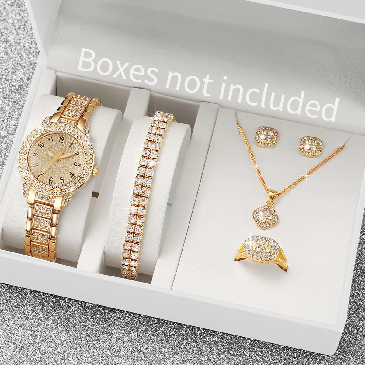 Jewelry set with analog quartz watches with women's golden steel strap with diamonds full of 6 pieces (without box)
