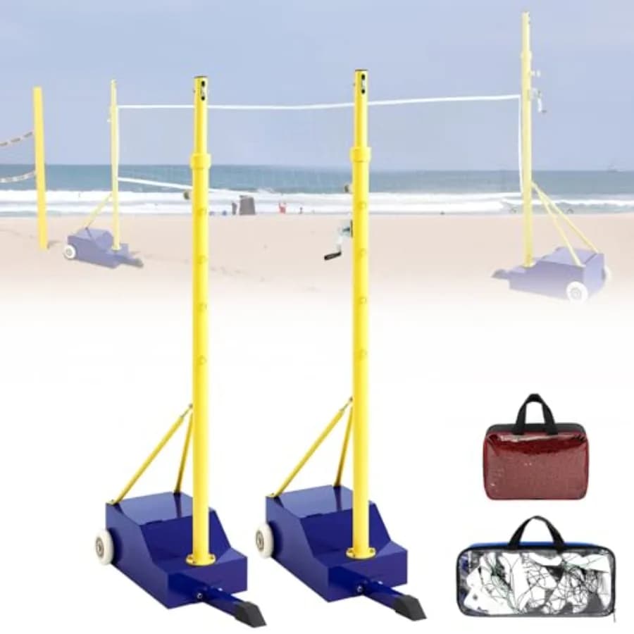 Pali da pallavolo da giardino con rete per uso interno ed esterno, in acciaio resistente, neri, regolabili a 4 altezze da 5-6,8 piedi, con ruote.