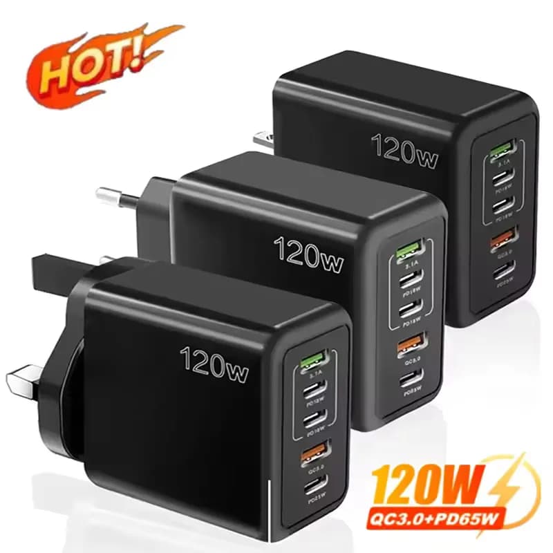 Caricatore Rapido USB C Multiporta 120W PD 3.0 con 5 Porte QC3.0, Adattatore da Muro per iPhone 16 15 Samsung Xiaomi Huawei