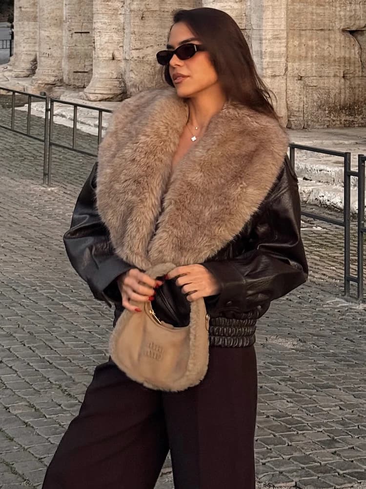HH Donna Inverno Colletto in pelliccia sintetica Bomber in pelle Maniche lunghe larghe Doppiopetto Risvolto staccabile Cappotto caldo Streetwear