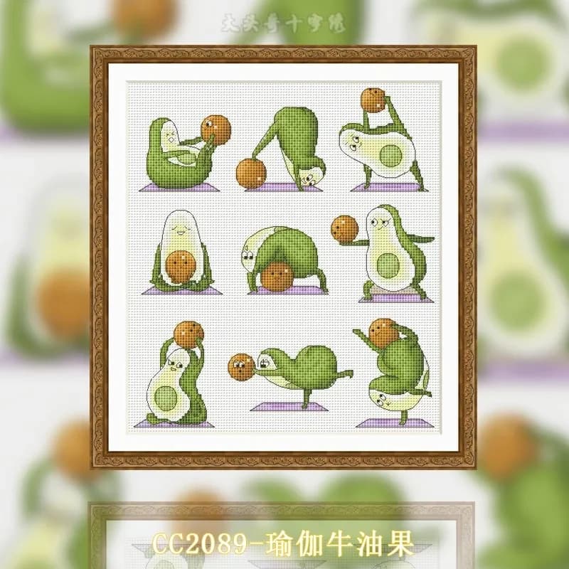 【CC2089- Yoga Avocado】 | 14CT 11CT 16CT Stamped Cross Stitch Kit, DIY Embroidery Needlework Set with Printed Canvas and Cotton T