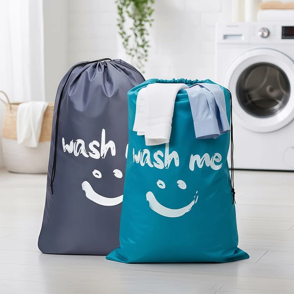 Borsa per il bucato con stampa faccina sorridente, grande borsa da viaggio per vestiti, sacca impermeabile in tessuto Oxford con coulisse, tasca per biancheria sporca