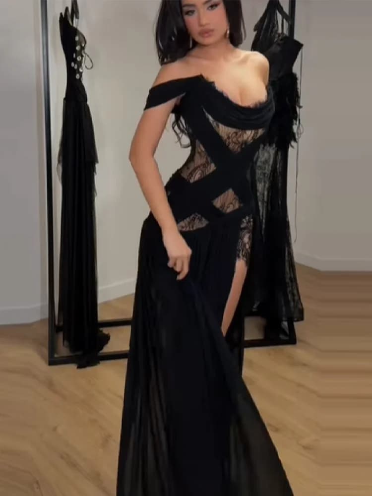 Elegant Dress with Lace and Split Inserts, Sexy Strapless, High Life, Long skirt, New Trendy for Party, Y2k Style, Gothic Dress