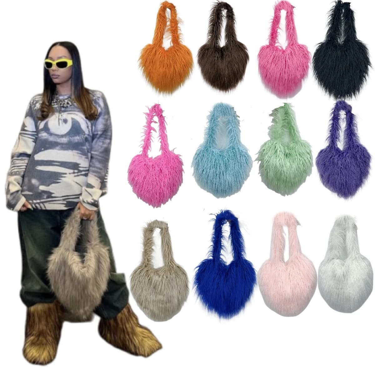 Borse Tote oversize a forma di cuore in pelliccia mongola in pelliccia naturale sintetica per borse da donna con spalline lunghe in pelliccia