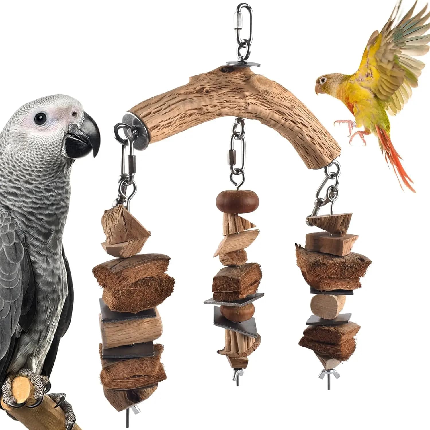 Giocattoli per pappagalli per uccelli, grandi uccelli, blocchi da masticare in legno con gabbia in acciaio inossidabile, giocattolo per morso appeso per ara, grigi africani, cacchi