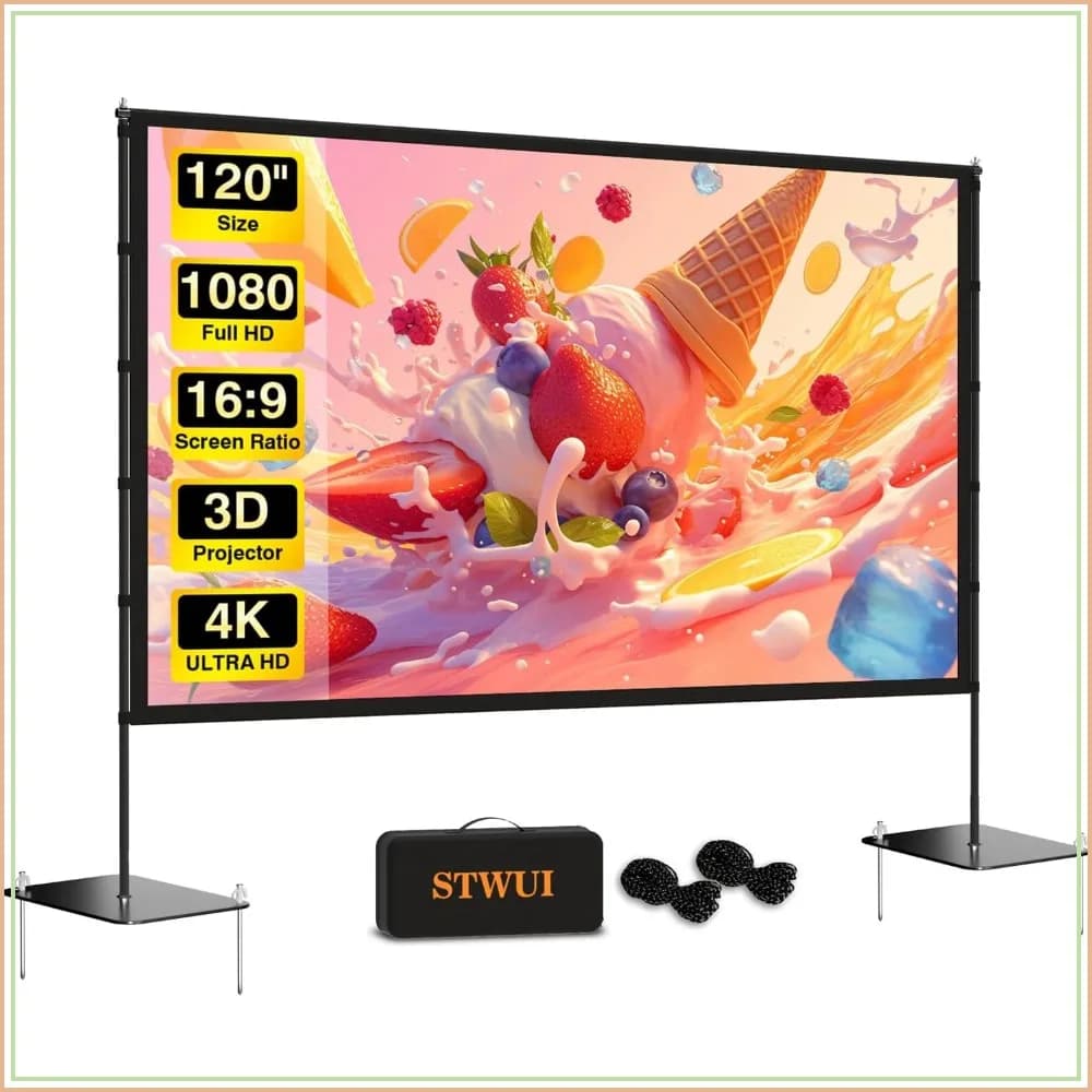 120" Portable Projector Screen with Stand, 16:9 4K HD Outdoor Indoor Movie Screen, Wrinkle-Free, Quick Setup, with Carry Bag