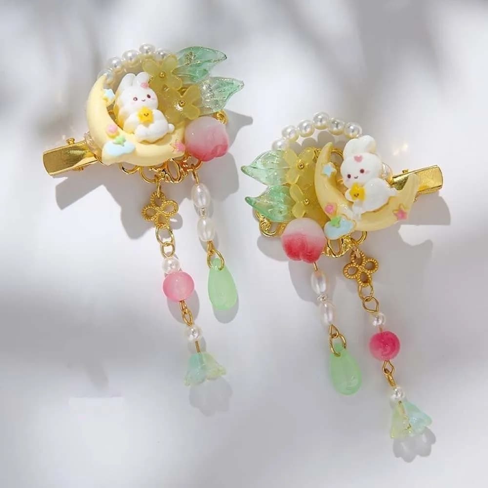1 Pair Long Ribbon Hanfu Hair Clip Handmade Flower Flowing Tassel Rabbit Tassel Hairpin Lightweight Comfort Vibrant Colors