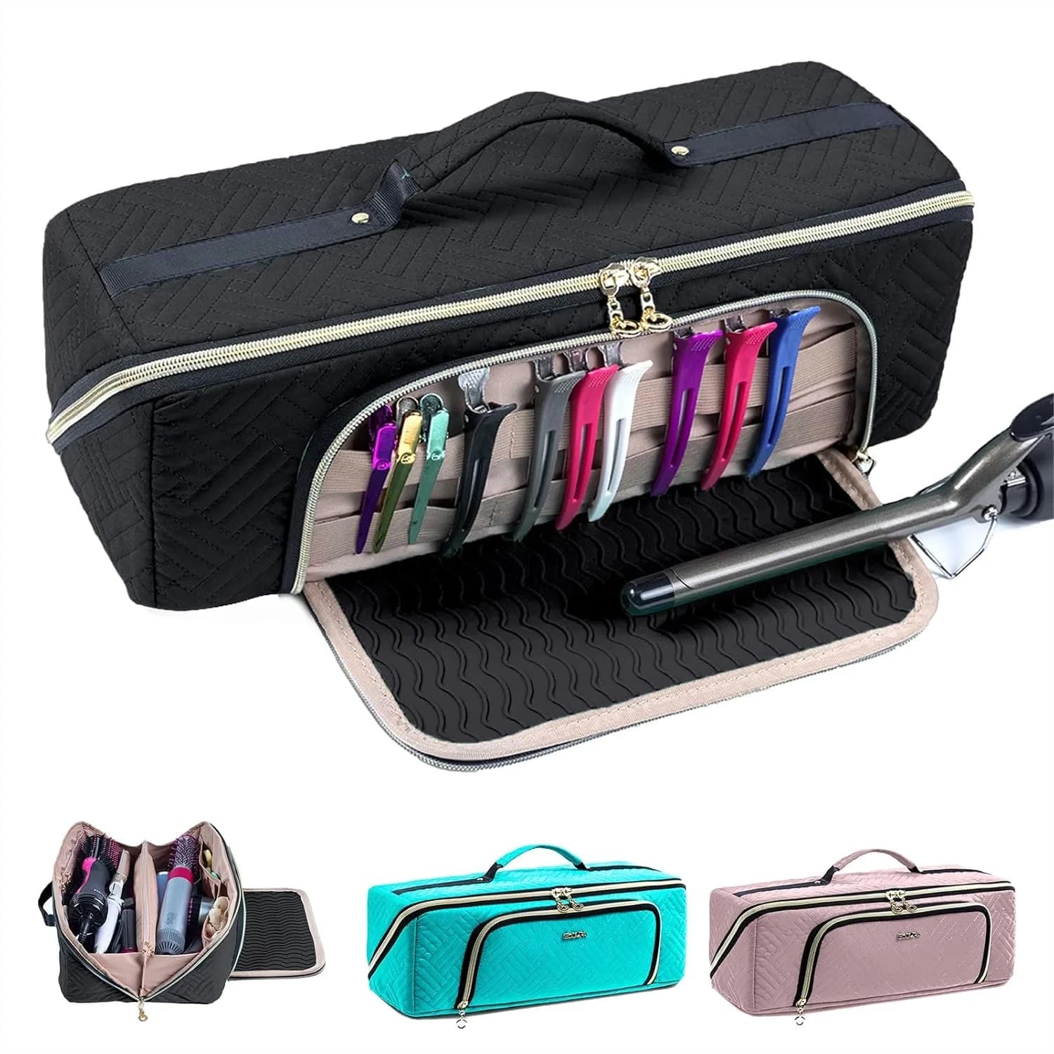 Borsa da Viaggio Grande per Strumenti per Capelli con Tappetino Termoresistente, Organizer 2-in-1 per Asciugacapelli, Piastra, Ferro Arricciacapelli, Cosmetici