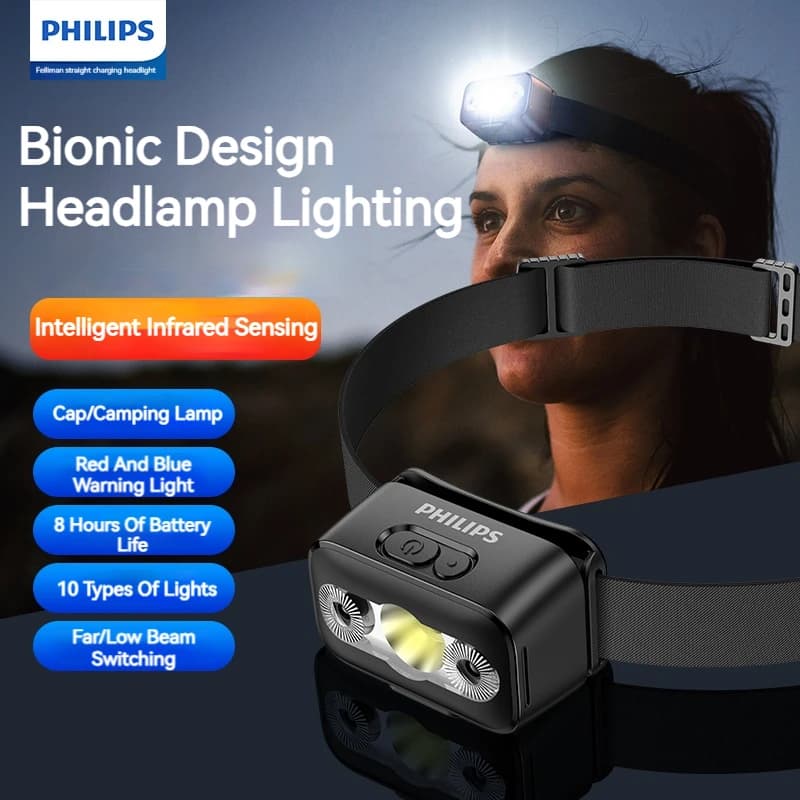Philips LED Front Lamp with Sensor Head Torch Ten Types of Lighting Rechargeable Type C Type Outdoor Camping Fishing Lantern