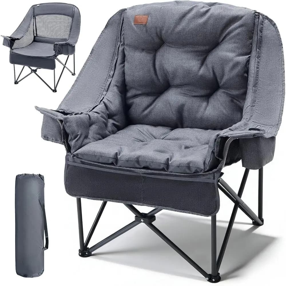 Robust and large mesh camping chair with removable cushion, thermal bag and cup holder - Supports up to 180 kg, Grey