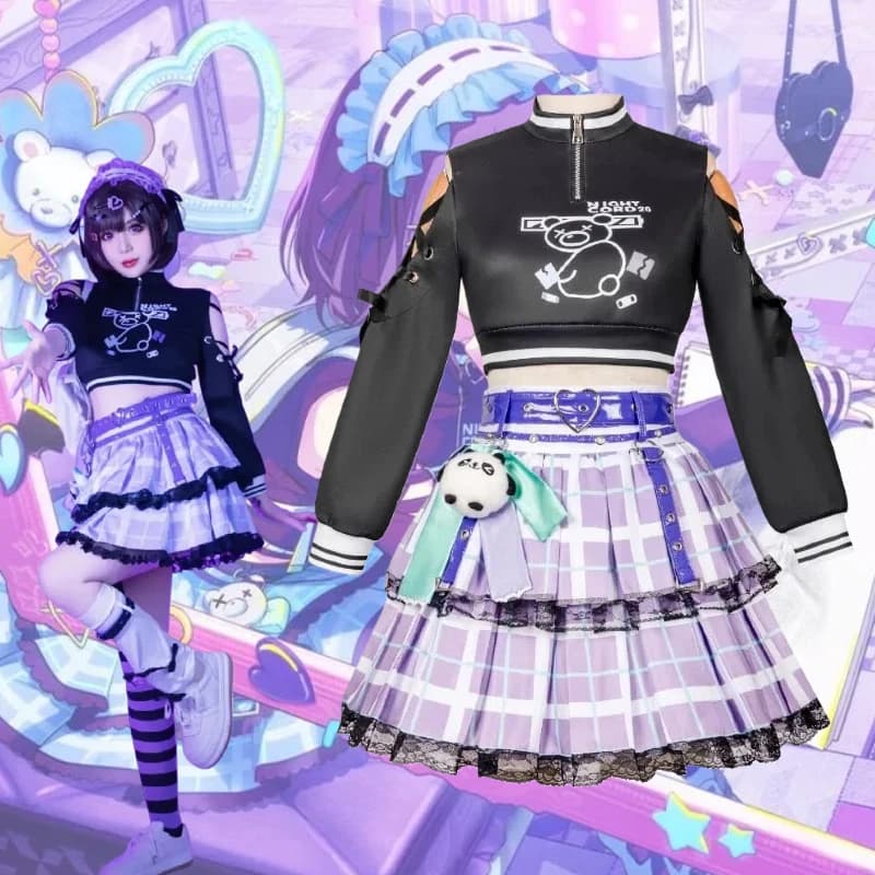 Gioco Ena Shinonome Costume Cosplay Y2K Stile Top nero Gonna viola Uniforme con accessori Set completo per feste a tema da donna