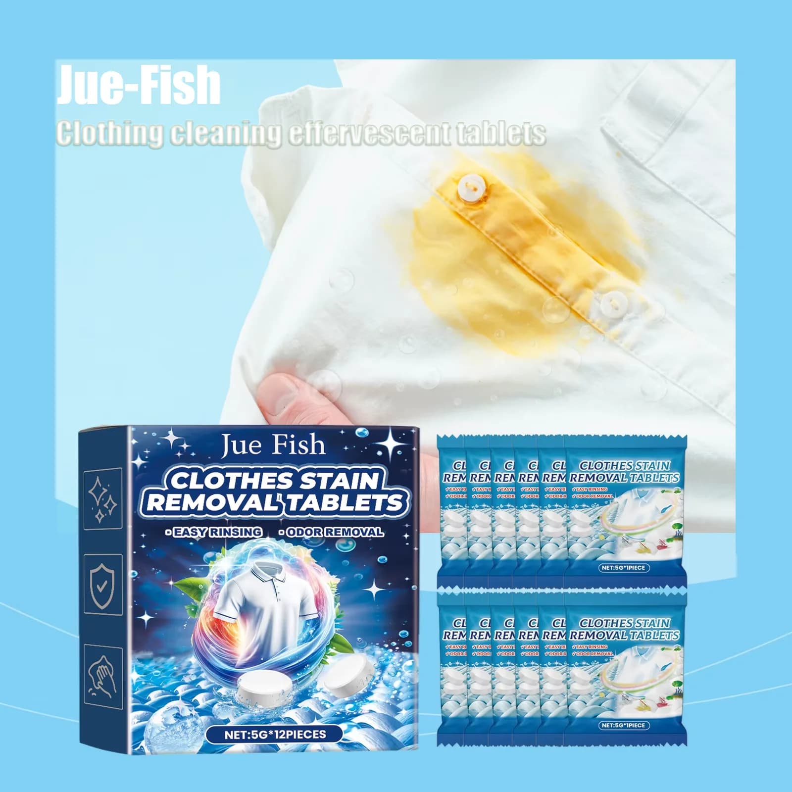 Jue Fish Effervescent clothing cleaning tablets - Yellow oil stains removal - Tenace stains cleanser for laundry