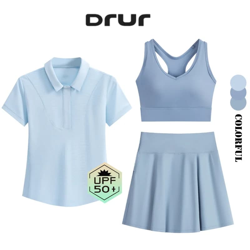 DRUR 2/3 pezzi gonna da tennis a pieghe set con polo con scollo a V UPF 50+ top sportivo e gonne da golf a-line tuta da donna abbigliamento sportivo casual