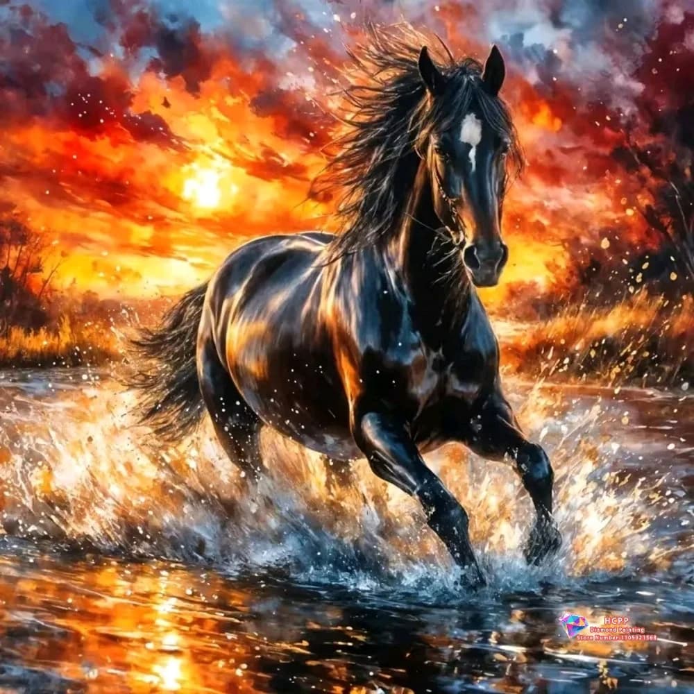 Set di Pittura Diamantata 5D Fai-da-Te con Cavallo Nero che Corre nella Acqua al Tramonto Fiammeggiante, con Diamanti Quadrati e Rotondi, Decorazioni e Regali