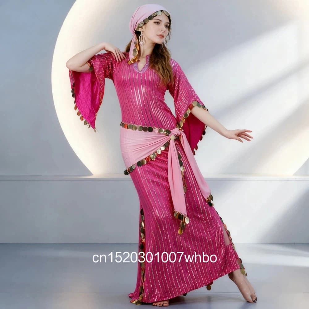 Shaabi Baladi Saidi Dance Robe Belly Dance Performance Clothes Sequined Robe+Headscarf+Hip Scarf Oriental Dance Competition Wear