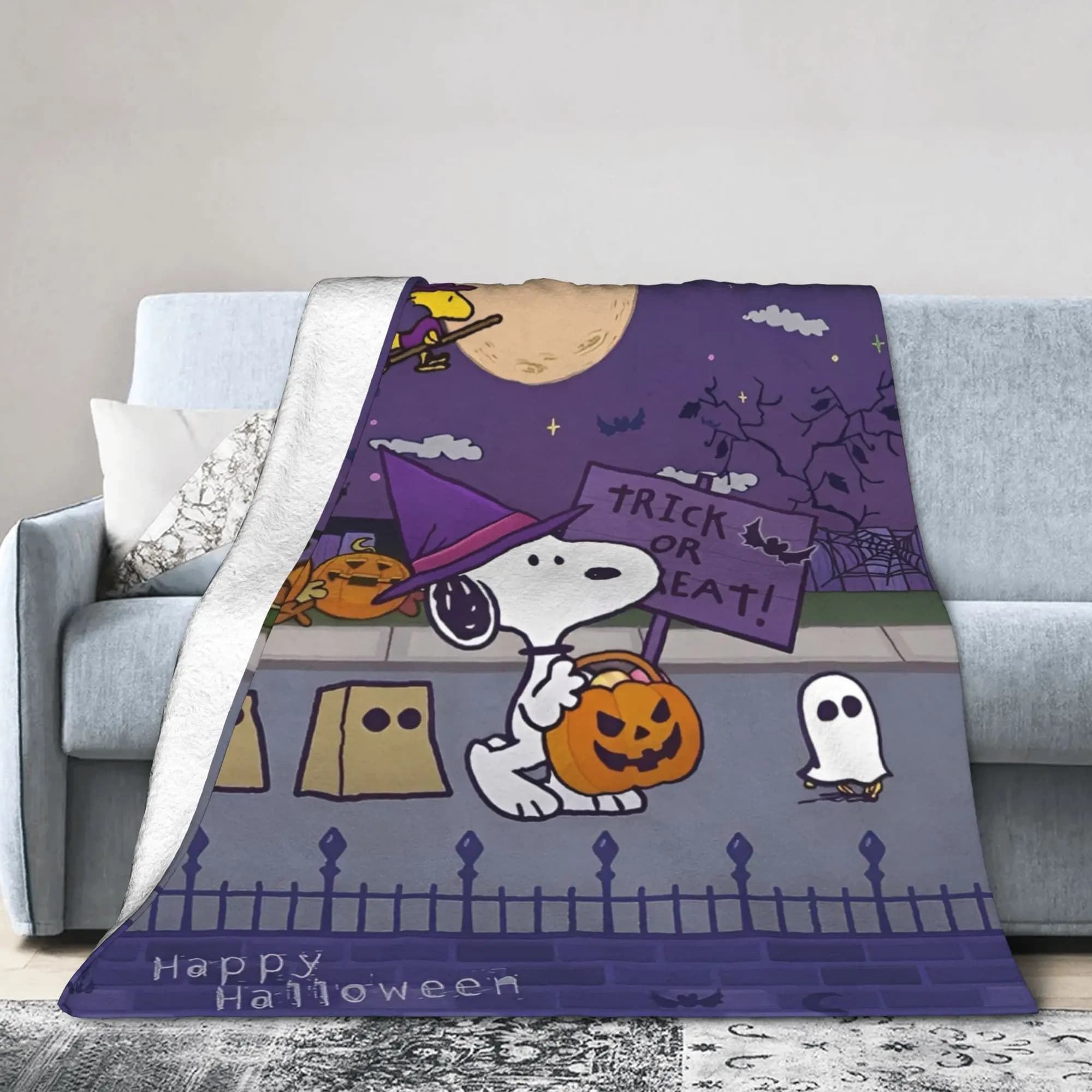 Coperta da tiro calda e traspirante con stampa in pile Happy Halloween Snoopy per divano, biancheria da letto da ufficio