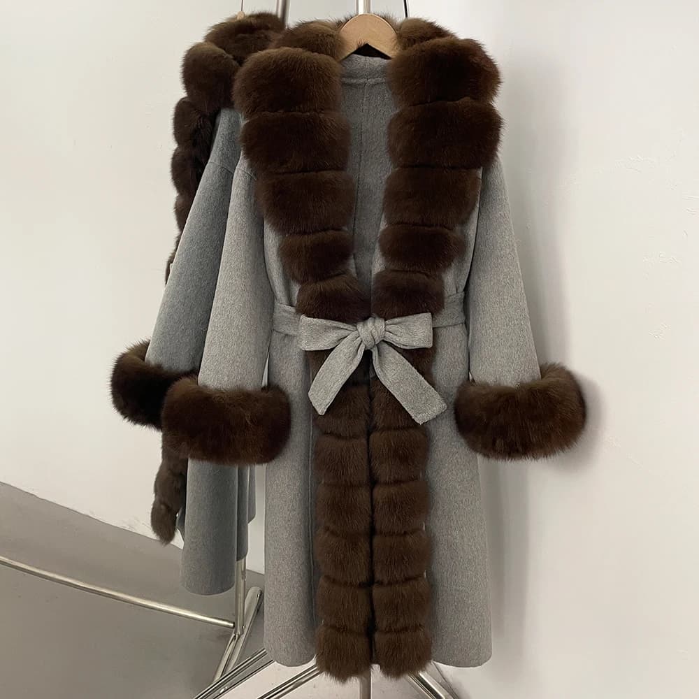 Women's Wool Coat New Autumn Winter Warm Dresses Fox Fur Coat of wool 100% Women's Spring Long sleeves Long wool jacket in real fur