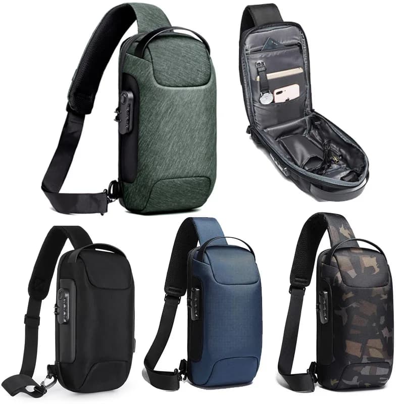 Borsa a tracolla da uomo con tracolla antifurto impermeabile con porta di ricarica USB Zaino a spalla sul petto da uomo, escursionismo da lavoro all'aperto