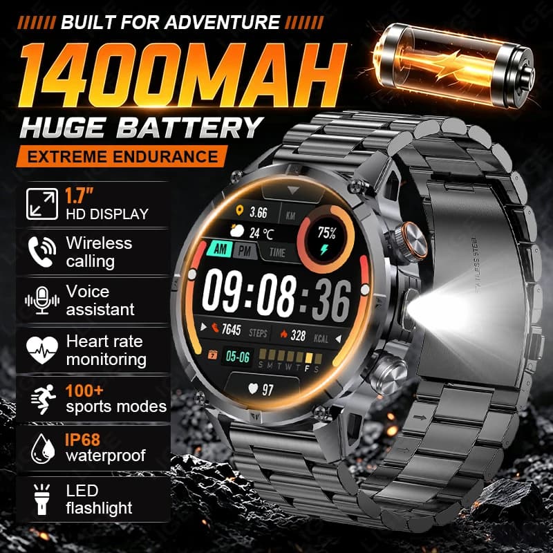 Rugged Outdoor Men's Smart Watch Bluetooth Call LED Flashlight Heart Rate Monitor Waterproof Sport Smartwatch For Hiking Running