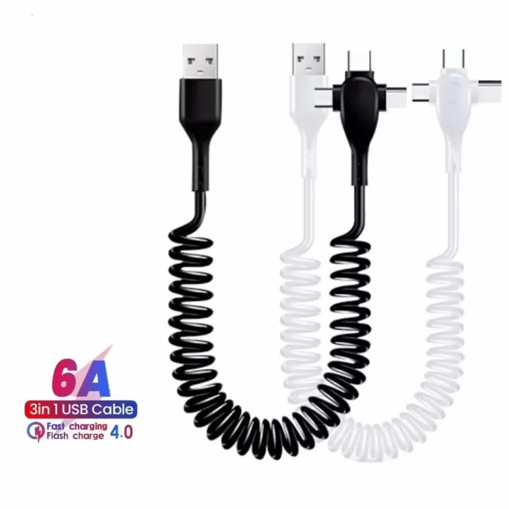 Cavo dati retrattile a molla di ricarica super veloce da 120 W 3 in 1 per iPhone Huawei Xiaomi Cavo dati per caricabatterie rapido per telefono