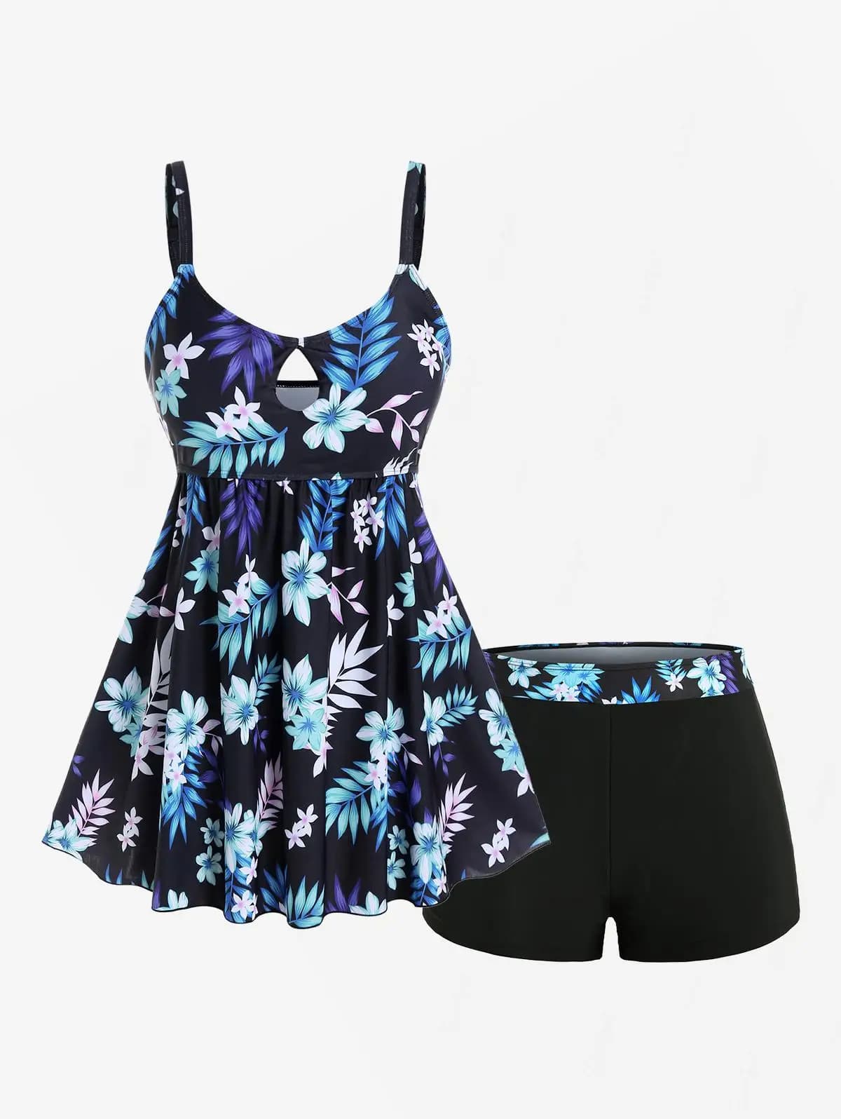 ROSEGAL Women's Split Swimwear Strong Size Flower Printed Leaf Closurehole Boyleg Tankini Swimwear Two Pieces Bikini with Adjusted Straps