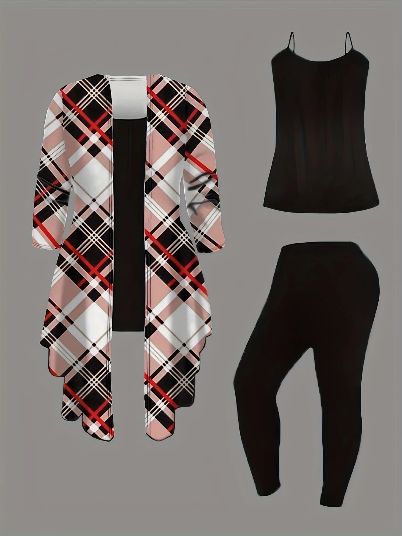 Set da donna 3 pezzi taglie forti: giacca cardigan con motivo geometrico stampato abbinata a pantaloni casual e gilet da indossare tutti i giorni.