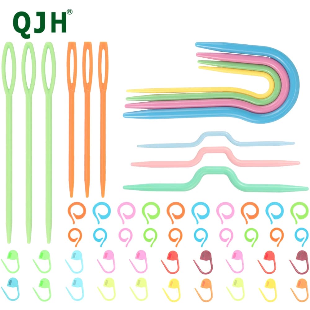 Kit di pennarelli per uncinetto da 53 pezzi con aghi in plastica per occhi grandi, anello per marcare punti, aghi a forma di U, aghi a forma di arco per principianti