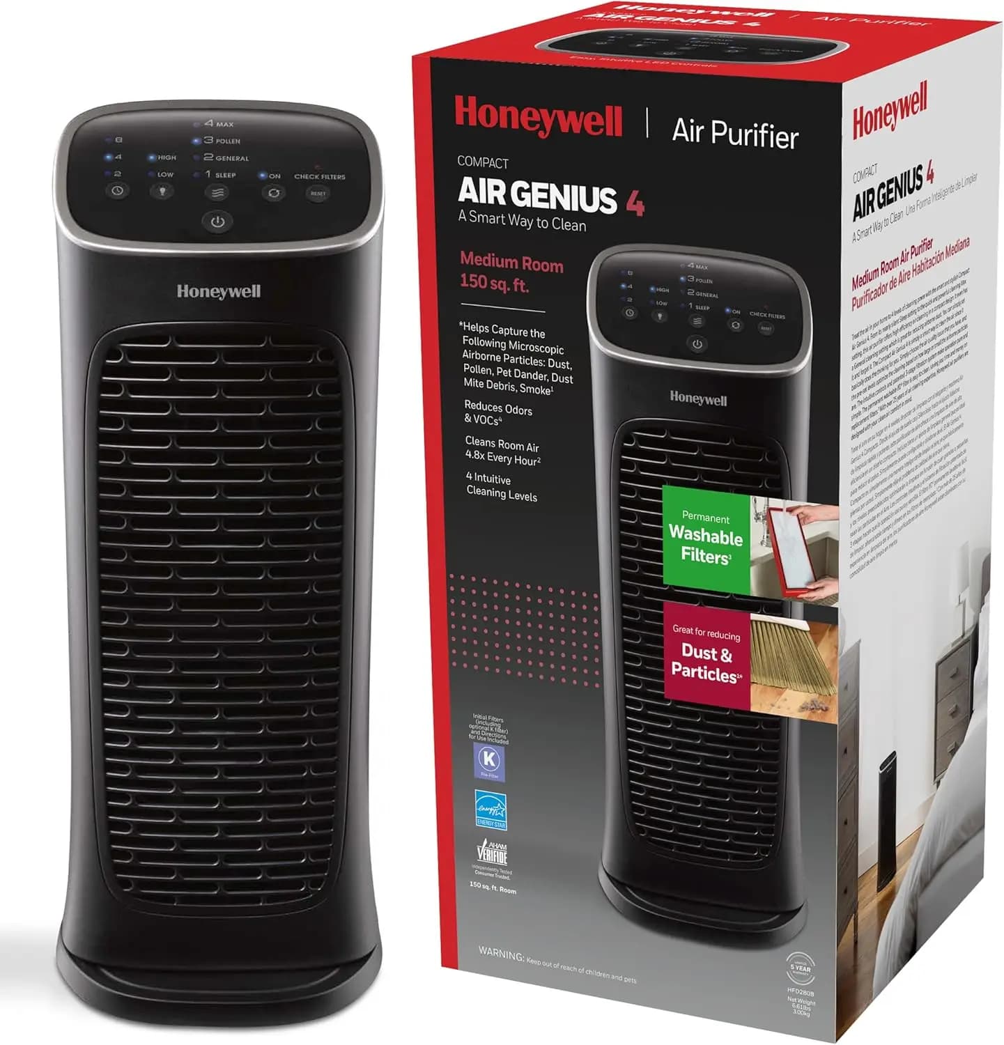 Purificatore d'aria compatto con filtro lavabile per stanze medie fino a 150 mq piedi, Nero